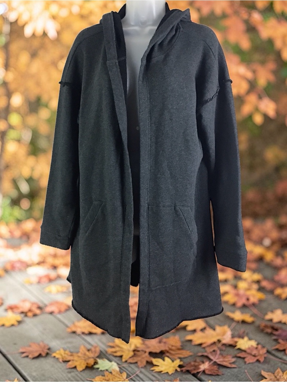 Eileen Fisher 100% Organic Cotton Hooded Cardigan w/raw edge seams Charcoal Med